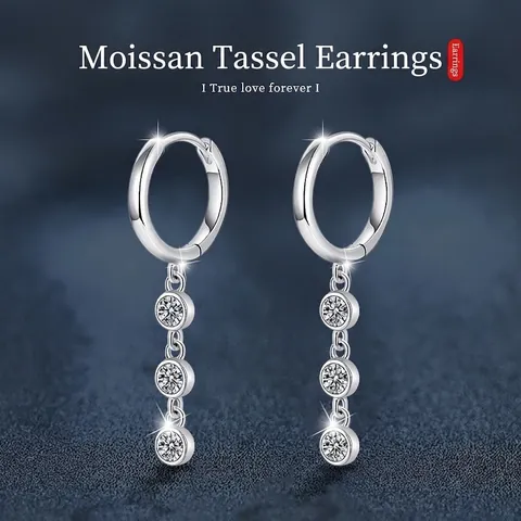925 Sterling Silver Moissanite Tassel Earrings D Color VVS1 Round Cut Dainty Huggie Hoop Earrings For Women Fine Jewelry Gift