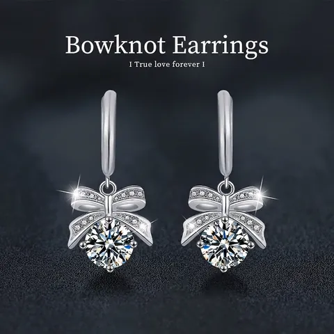 925 Sterling Silver Bow Knot Moissanite Drop Earrings For Women Round Cut Sparkling Delicate Elegant Fashion Jewelry Gift