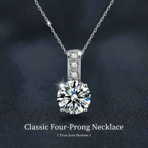 S925 Sterling Silver Moissanite Necklace For Women Classic Four-Prong Round Pendant Sparkling Diamond Alternative Jewelry Gift