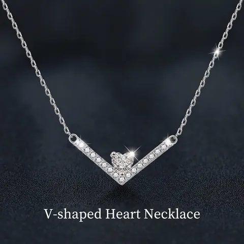 S925 Sterling Silver V Shaped Heart Moissanite Pendant Necklace For Women Luxury Dainty Clavicle Chain Jewelry Gift