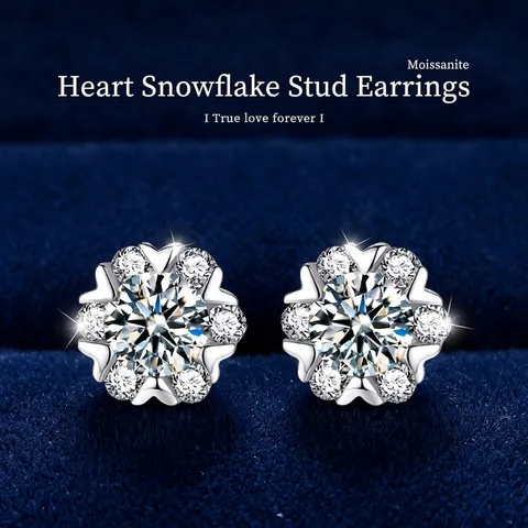 Moissanite 925 Sterling Silver Snowflake Heart Stud Earrings D Color VVS1 Clarity 3EX Cut Elegant Christmas Jewelry For Women
