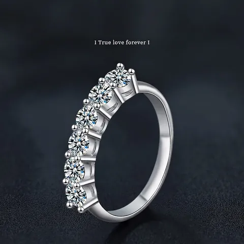 925 Sterling Silver Moissanite Row Ring For Women D Color VVS1 Round Brilliant Cut 7 Stones Full Diamond Eternity Ring Anniversary Jewelry Gift