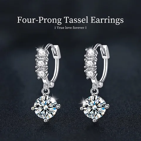 925 Sterling Silver Moissanite Drop Hoop Earrings For Women Luxury 4-Prong Round Dangle Jewelry With GRA Certificate