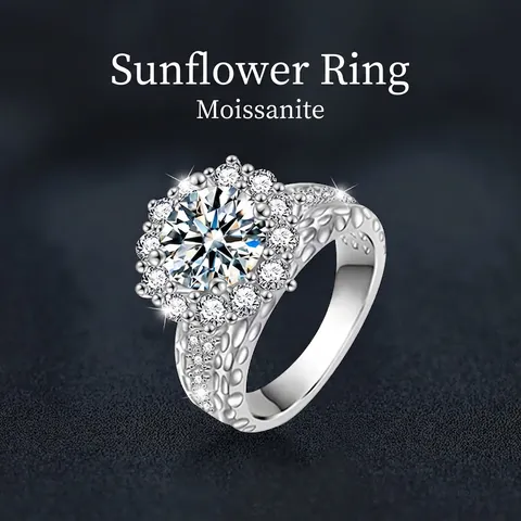 Luxury S925 Sterling Silver 2 Carat Moissanite Sunflower Ring For Women Vintage Halo Engagement Wedding Flower Band Jewelry