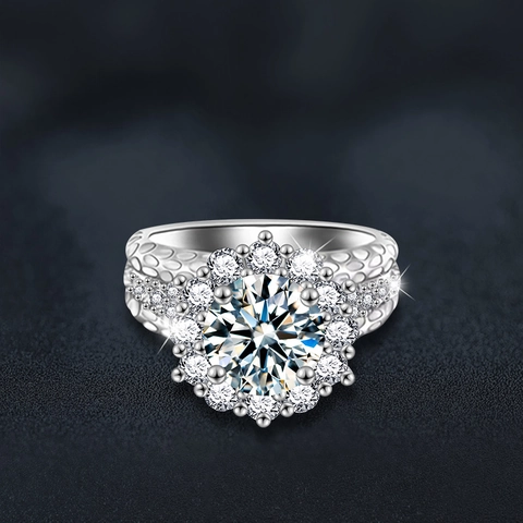 Luxury S925 Sterling Silver 2 Carat Moissanite Sunflower Ring For Women Vintage Halo Engagement Wedding Flower Band Jewelry