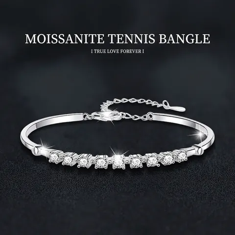 Elegant S925 Sterling Silver Moissanite Row Drill Bangle Adjustable Women Jewelry D Color VVS1 Round Stone Bracelet