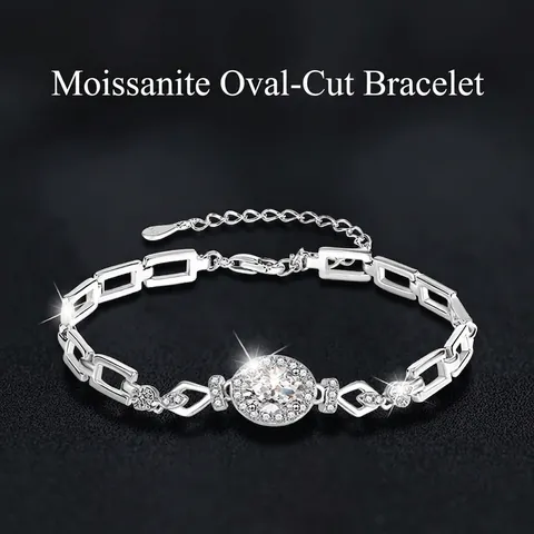 925 Sterling Silver Moissanite Bracelet For Women 1ct Oval Egg Shape Halo Inlaid Geometric Chain Adjustable Jewelry Gift
