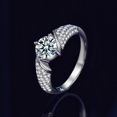 S925 Sterling Zilveren Moissaniet Ring Voor Dames Pavé Ronde Slijpvorm Bruiloft Verloving Luxe Sieraden