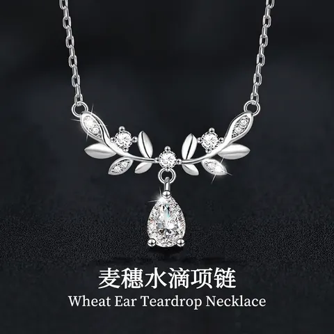 S925 Sterling Silver Wheat Ear Water Drop Necklace For Women 0.8ct Moissanite Pendant Clavicle Chain Botanical Fine Jewelry