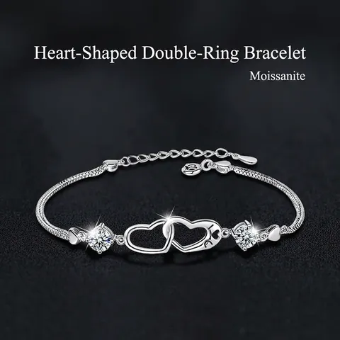Luxury 925 Sterling Silver Moissanite Double Heart Bracelet Women Elegant Interlocking Hearts Adjustable Snake Chain Jewelry Gift