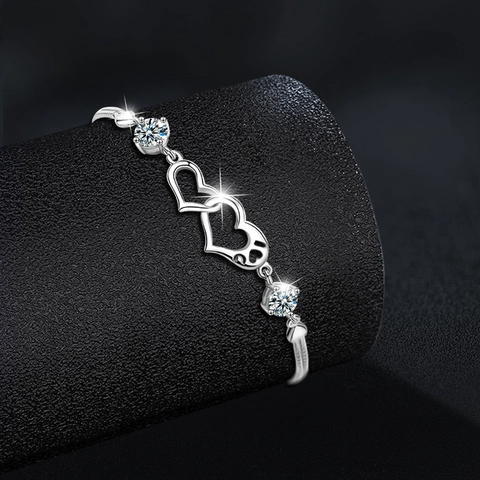 Luxury 925 Sterling Silver Moissanite Double Heart Bracelet Women Elegant Interlocking Hearts Adjustable Snake Chain Jewelry Gift
