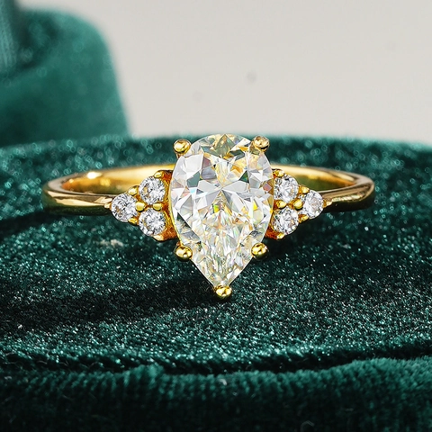 18K Gold Plated 925 Sterling Silver Moissanite Zirconia Ring Pear Cut Halo Water Drop Adjustable Finger Ring Women Jewelry Gift