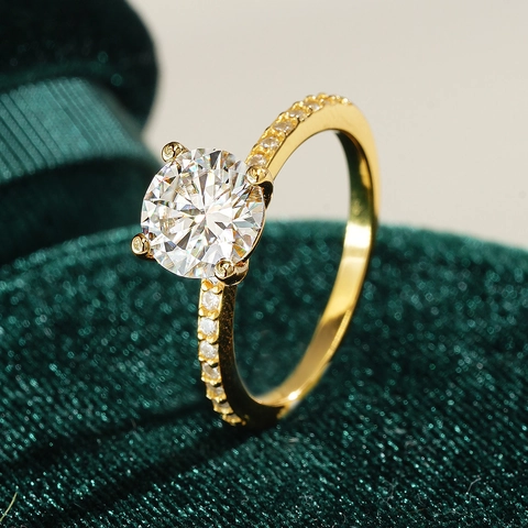 925 Sterling Silver 18K Gold Plated Round Moissanite Zirconia Ring Four-Claw Pave Brilliant Cut Engagement Wedding Ring For Women