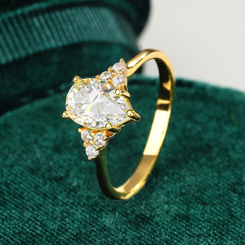 18K Gold Plated 925 Sterling Silver Moissanite Zirconia Ring Pear Cut Halo Water Drop Adjustable Finger Ring Women Jewelry Gift