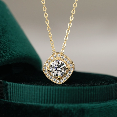 Collar de Plata de Ley 925 con Moissanita para Mujer Chapado en Oro de 14K Colgante de Circonia de Corte Cojín Cuadrado Clásico Joyería Fina