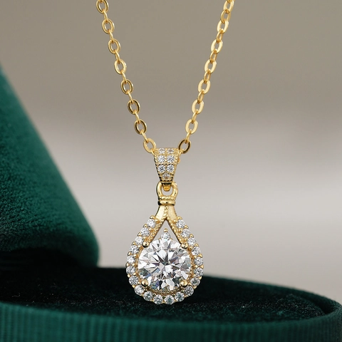 Elegante Collar de Plata de Ley 925 con Gota de Agua y Moissanita para Mujer Chapado en Oro de 14K Colgante de Circonia Joyería