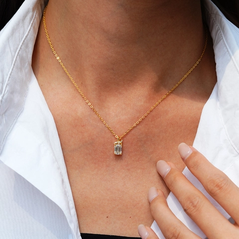 Collana con Ciondolo in Argento Sterling 925 Moissanite Zirconia per Donna Taglio Smeraldo Rettangolo Lusso Placcata Oro 14K