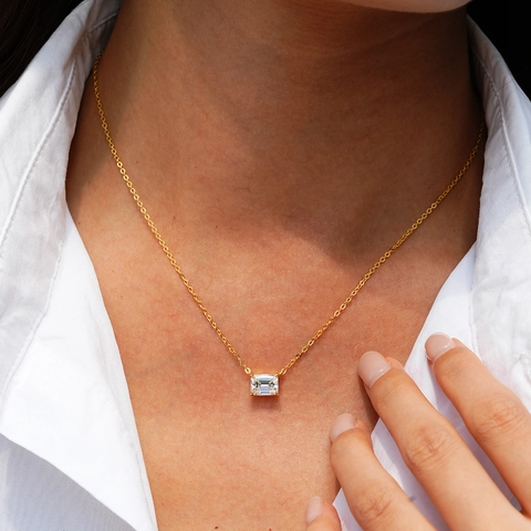 Collar de Pendiente de Moissanita Corte Esmeralda de Plata de Ley 925 para Mujer Oro de 14K Circonia Joyería