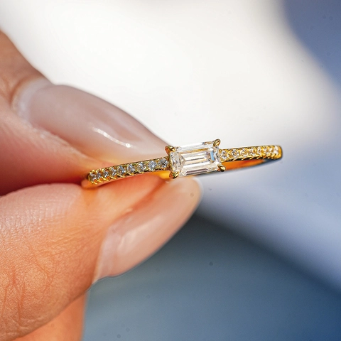 925 Sterling Silver Emerald Cut Moissanite Zirconia Ring For Women 18K Gold Plated Rectangle Pave Fashion Jewelry Ring Gift