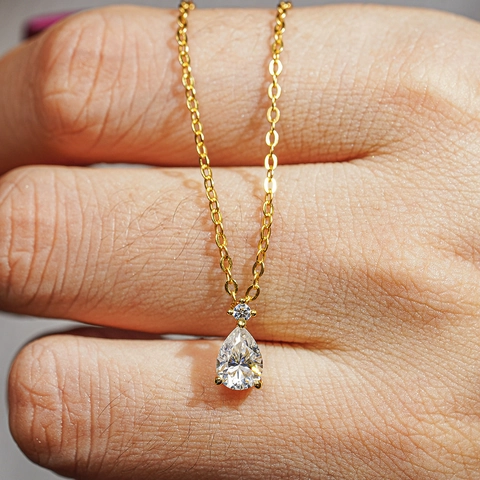925 Sterlingsilber Moissanit Zirkonia Birne Wassertropfen Anhänger Halskette Für Damen Vergoldet Zierliche Schlüsselbeinkette Schmuck
