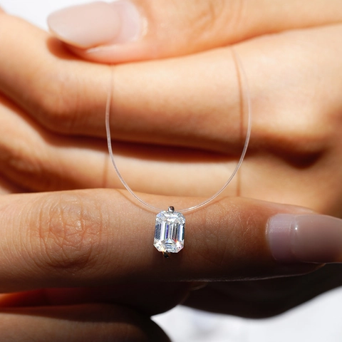 925 Sterlingsilber 1CT Smaragdschliff Moissanit Anhänger Halskette Für Damen Unsichtbare Nylon Kette Clavicle Schmuck GRA
