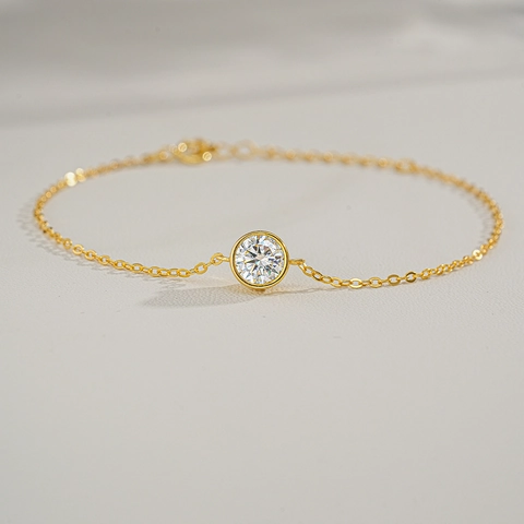 Bracciale Moissanite in Argento Sterling 925 Placcato Oro 18K Pietra Rotonda Castone Catena Bubble Regolabile Gioielli Donna