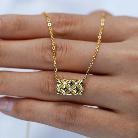 Collana con Pendente in Argento Sterling 925 e Moissanite per Donna Placcata Oro Design Trapuntato Geometrico Rettangolare Gioielli alla Moda Regalo