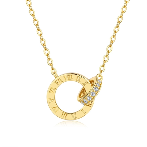 925 Sterlingsilber 14K Vergoldet Römische Zahlen Ineinandergreifende Doppelte Kreis Anhänger Moissanit Halskette Für Damen Schmuck