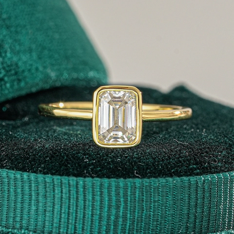 925 Sterling Silver Moissanite Ring Emerald Cut Bezel Setting 18K Gold Plated Minimalist Engagement Ring For Women Luxury Jewelry