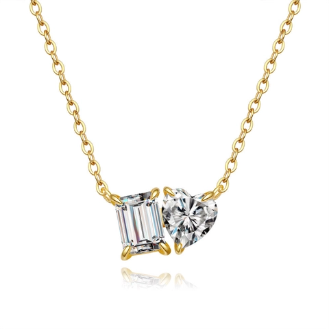 Collar de Moissanita de Plata de Ley 925 Minimalista Colgante de Doble Piedra Corte Esmeralda y Corazón Bañado en Oro