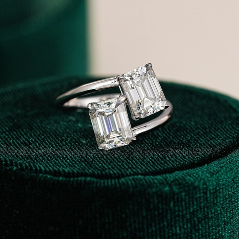 925 Sterling Zilver Moissaniet Bypass Ring Voor Dames Smaragdvorm Dubbele Steen Toi Et Moi Verstelbare Open Ring
