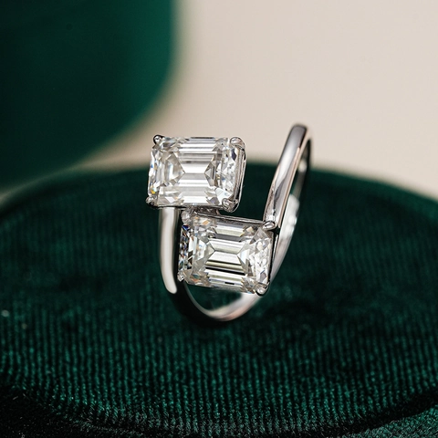925 Sterling Zilver Moissaniet Bypass Ring Voor Dames Smaragdvorm Dubbele Steen Toi Et Moi Verstelbare Open Ring
