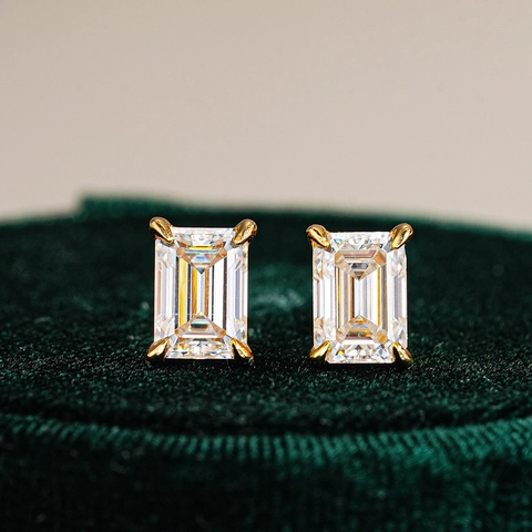 Boucles d'Oreilles Clous Minimalistes en Argent Sterling 925 Moissanite Taille Émeraude Orecchini Rectangulaires Bijoux Femme