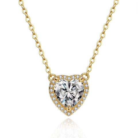 Collana con Pendente a Cuore in Argento Sterling S925 Placcato Oro Halo Moissanite Strass Catena da Clavicola Gioielli Regalo Donna