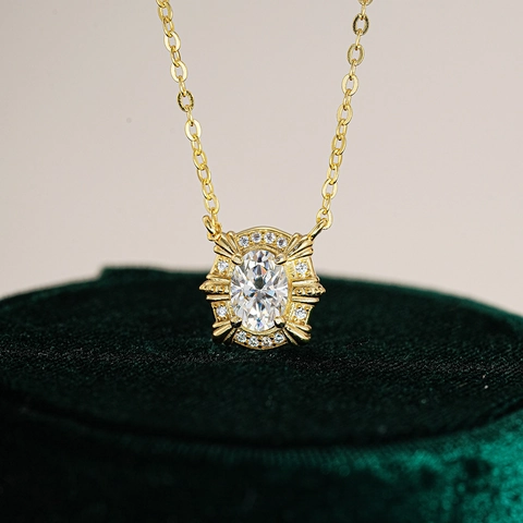 Collana in Argento Sterling 925 con Moissanite Ciondolo Ovale Retrò Placcato Oro Catena a Clavicola Strass Gioielli da Donna