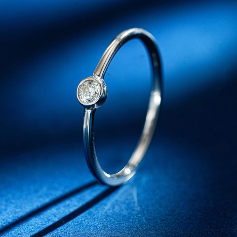 925 Sterling Silver Moissanite Ring For Women Minimalist Round Solitaire Bezel Setting Thin Band Jewelry Commuter Gift