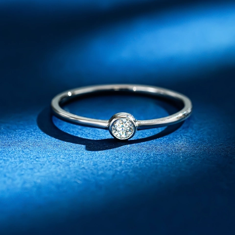 925 Sterling Silver Moissanite Ring For Women Minimalist Round Solitaire Bezel Setting Thin Band Jewelry Commuter Gift