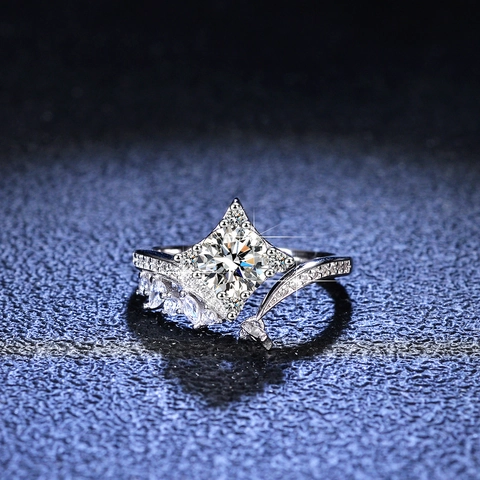 925 Sterling Zilver Moissaniet Ring Voor Vrouwen Klassieke Vier-Klauw Ster Hanger Verstelbare Verlovingsring Bruiloft Sieraden