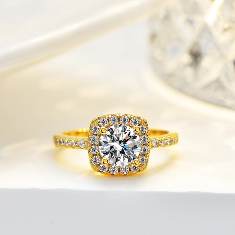 S925 Sterlingsilber Moissanit Ring Quadratisches Halo Design 14K Vergoldet Funkelnder Runder Stein Verlobung Hochzeit Schmuck Damen