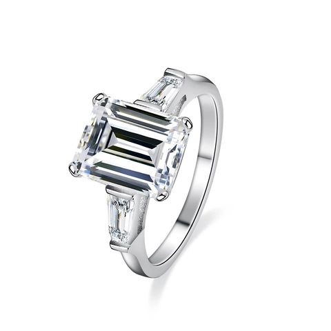 Luxury S925 Sterling Silver Moissanite Ring Emerald Cut Three Stone Wedding Engagement Ring For Women Fine Jewelry