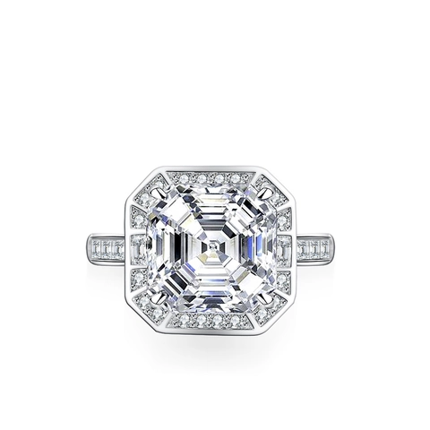 Anillo de Lujo de Plata de Ley 925 Corte Asscher Cuadrado Moissanita Color D Diseño Halo Mujeres Compromiso Boda Joyería