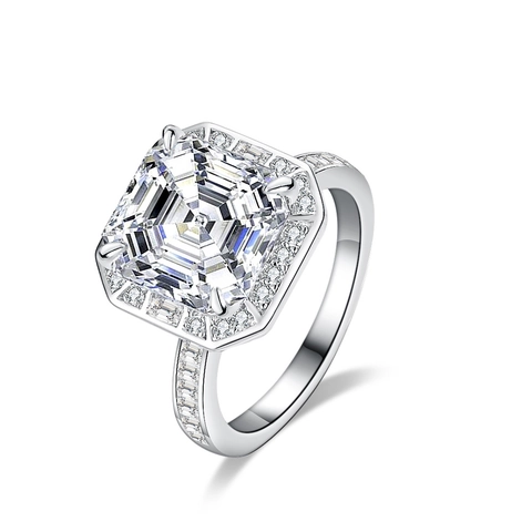 Anillo de Lujo de Plata de Ley 925 Corte Asscher Cuadrado Moissanita Color D Diseño Halo Mujeres Compromiso Boda Joyería