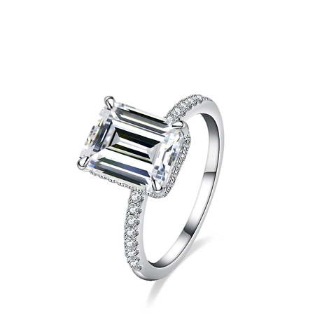 Luxury 925 Sterling Silver Emerald Cut Moissanite Ring For Women Emerald Green Rectangular Inlaid Pavé Band Engagement Jewelry Gift