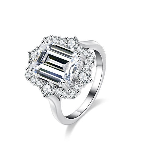 Anillo de Plata de Ley 925 Moissanita de Corte Esmeralda para Mujer Halo Color D Rectangular Boda Fiesta Joyería de Moda