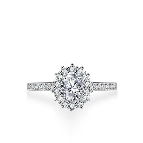 Anillo Halo de Plata de Ley 925 Moissanita Ovalado para Mujer Color D Forma de Huevo Joyería Boda Con Certificado GRA