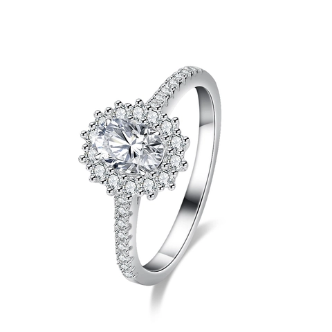 Anillo Halo de Plata de Ley 925 Moissanita Ovalado para Mujer Color D Forma de Huevo Joyería Boda Con Certificado GRA