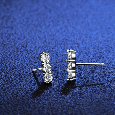 Pendientes de Botón de Plata de Ley 925 Moissanita para Mujer Simple Temperamento Vertical Tres Piedras Joyería Boda Regalo