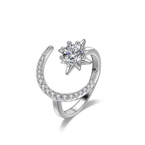 925 Sterling Silver Moissanite Ring For Women Star Moon Crown Design Adjustable Open Ring Romantic Fashion Jewelry Gift