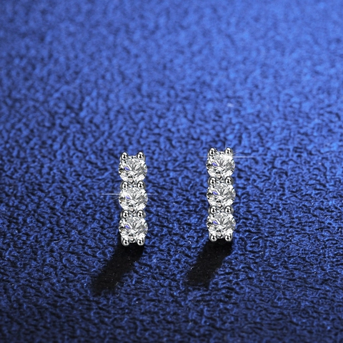 Pendientes de Botón de Plata de Ley 925 Moissanita para Mujer Simple Temperamento Vertical Tres Piedras Joyería Boda Regalo