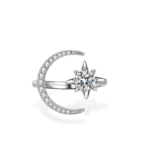925 Sterling Silver Moissanite Ring For Women Star Moon Crown Design Adjustable Open Ring Romantic Fashion Jewelry Gift